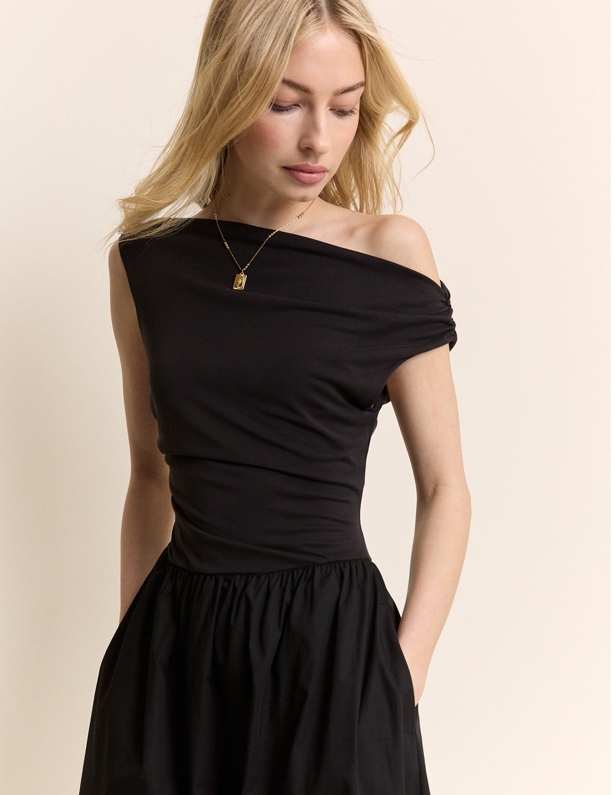 Black Draped Off Shoulder Beth Midi Dress