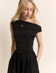 Black Draped Off Shoulder Beth Midi Dress