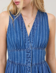 Blue Denim Sleeveless Pinstripe Starlight Midi Dress