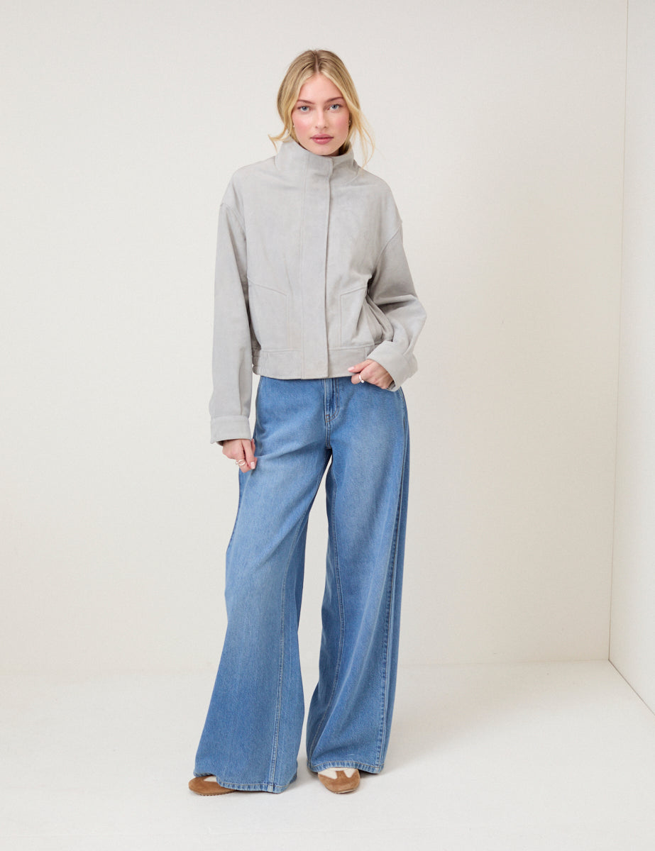 Grey Funnel Neck Suede Bomber