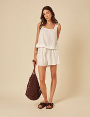 White Linen-Blend Drawstring Shorts