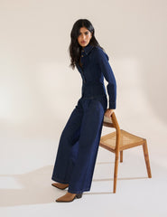 Dark Blue High Rise Pleated Tailored Jeans
