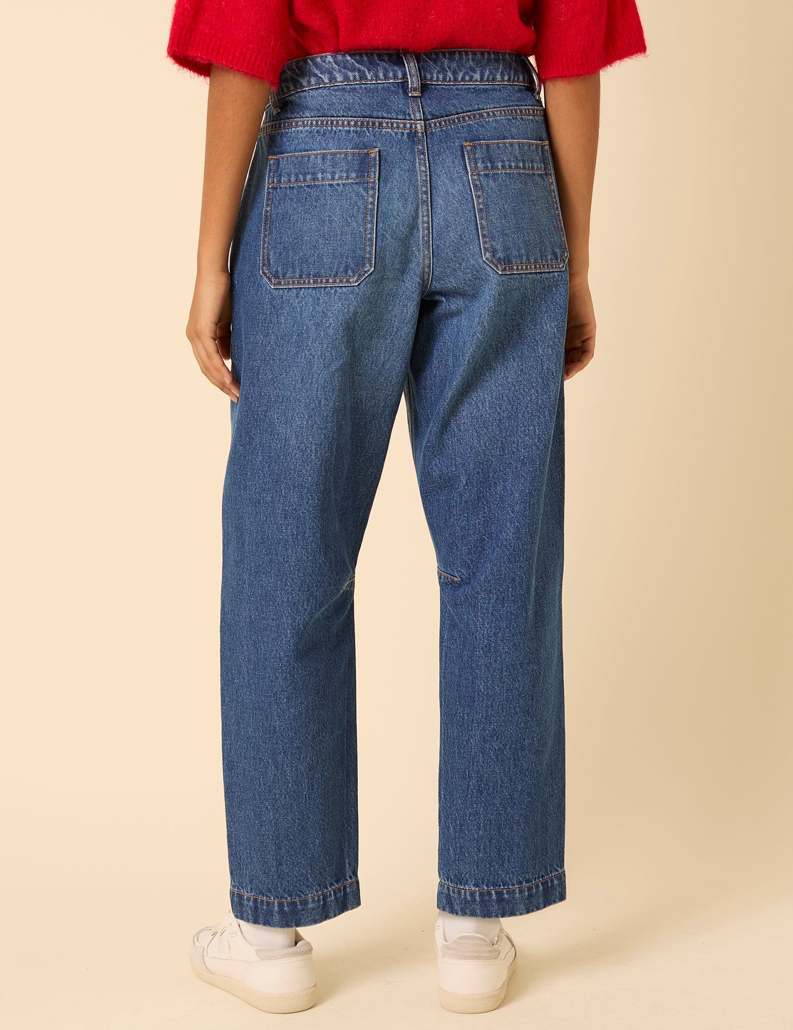 Blue Mid Rise Utility Barrel Leg Jeans