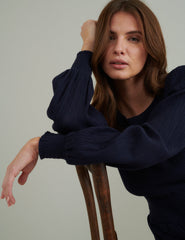 Navy Ruched Long Sleeve Nel Midi Dress