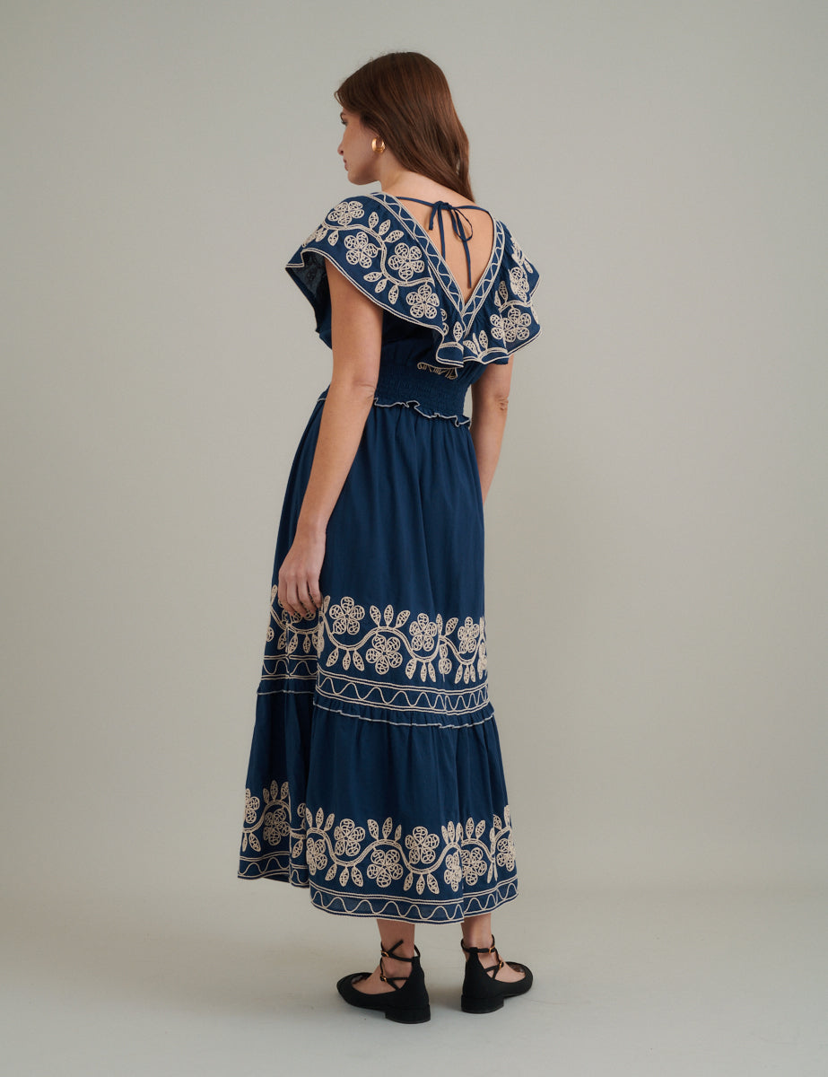 Navy Floral Embroidered Tiered Suzie Midi Dress