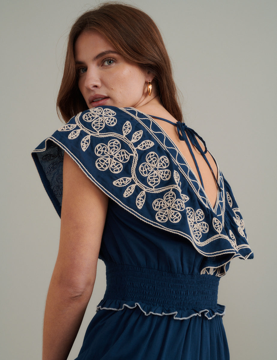 Navy Floral Embroidered Tiered Suzie Midi Dress