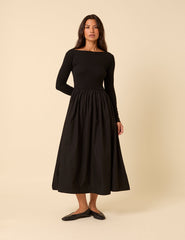 Black Long Sleeve A-Line Penni Midi Dress