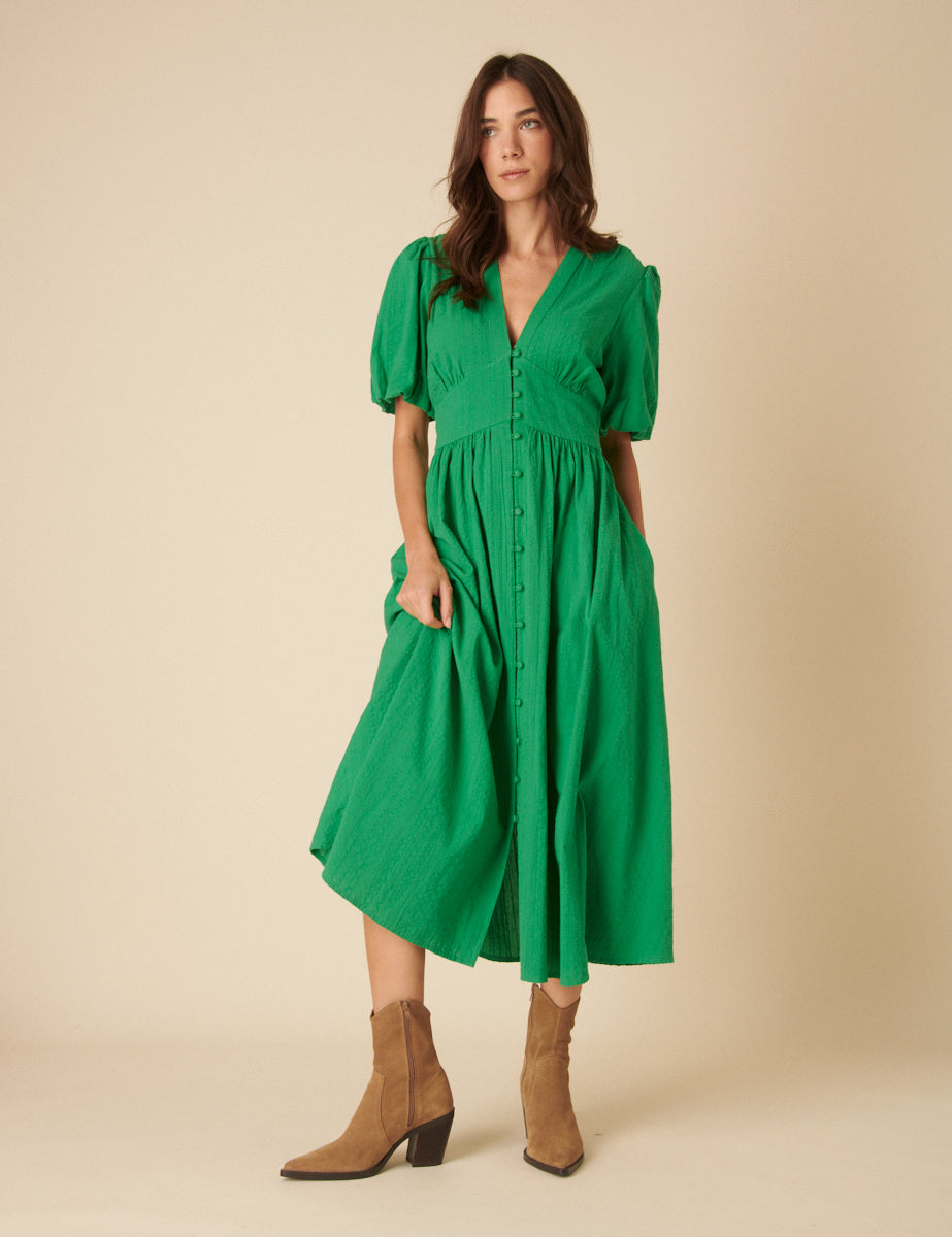 Green Short Sleeve Starlight Midi Dress