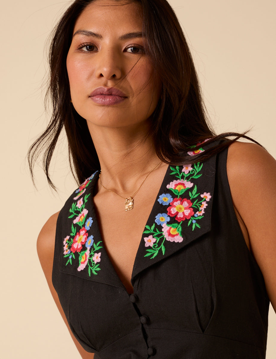 Black Floral Embroidered Melanie Midi Dress