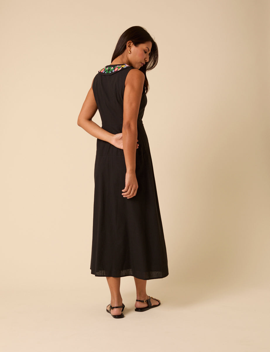 Black Floral Embroidered Melanie Midi Dress