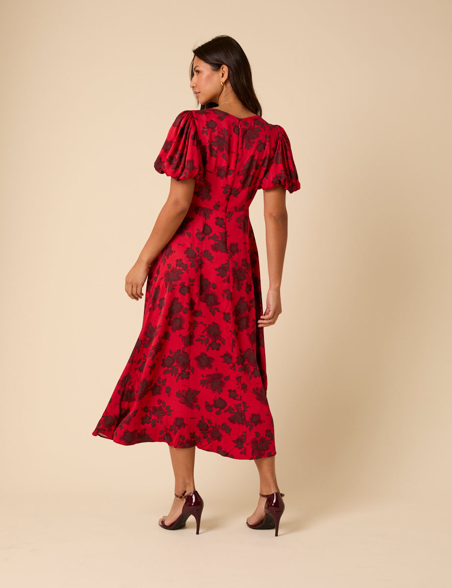 Red Puff Sleeve Quinn Midi Dress