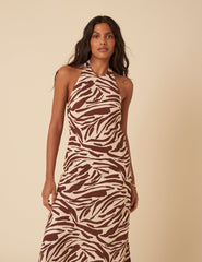 Zebra Print Halter Neck Anna Midi Dress