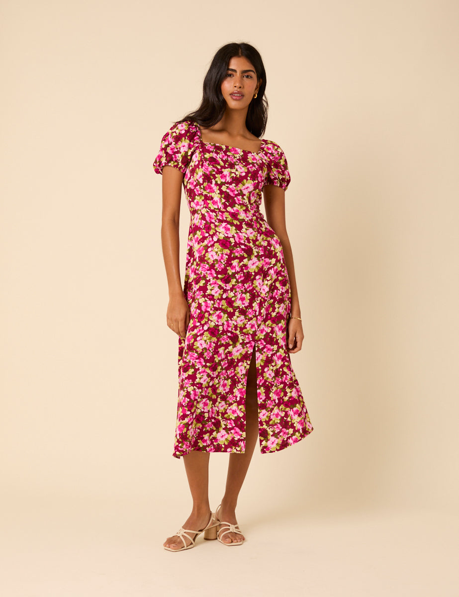 Pink Floral Leith Puff Sleeve Midi Dress
