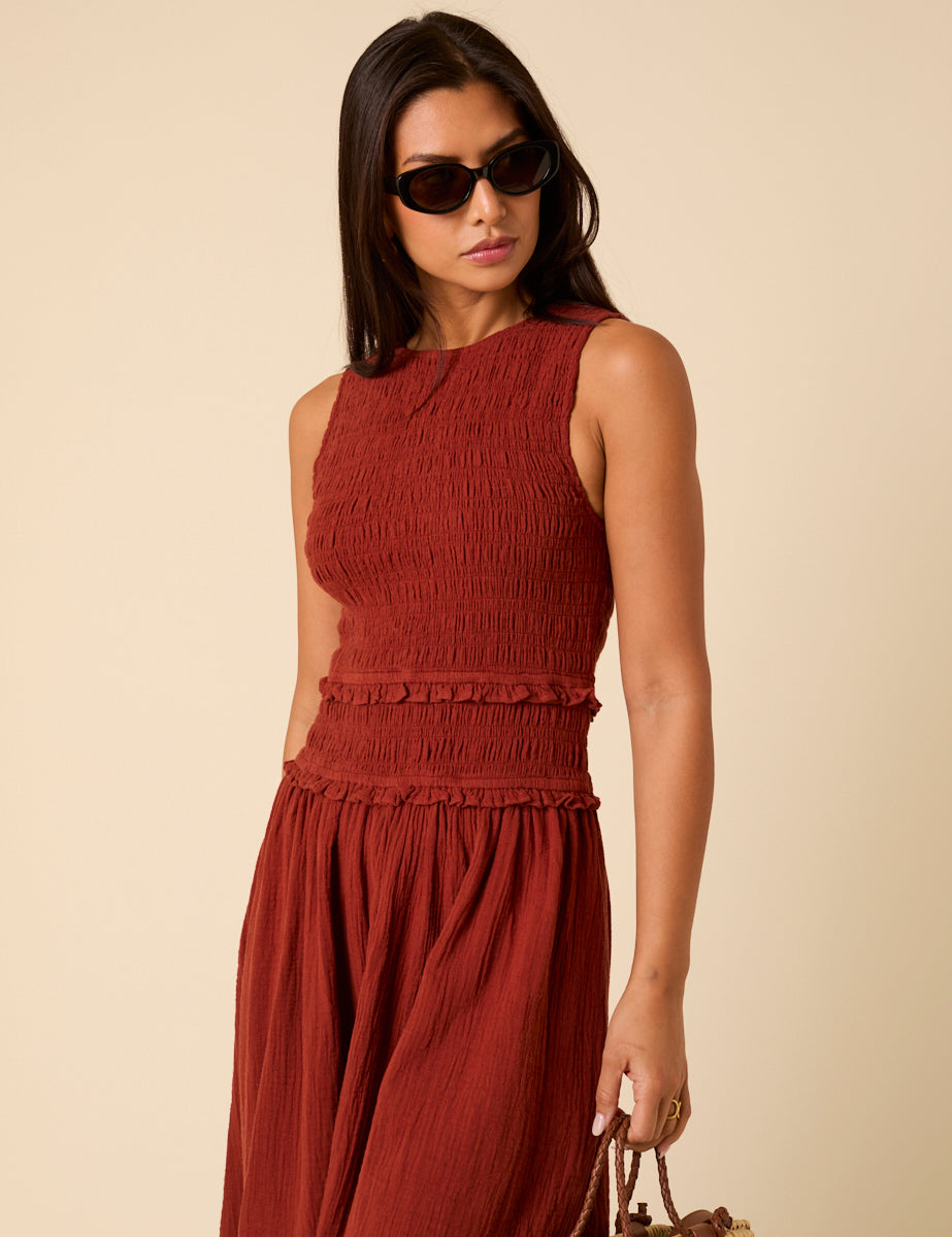 Red Shirred Bodice Ingrid Midi Dress