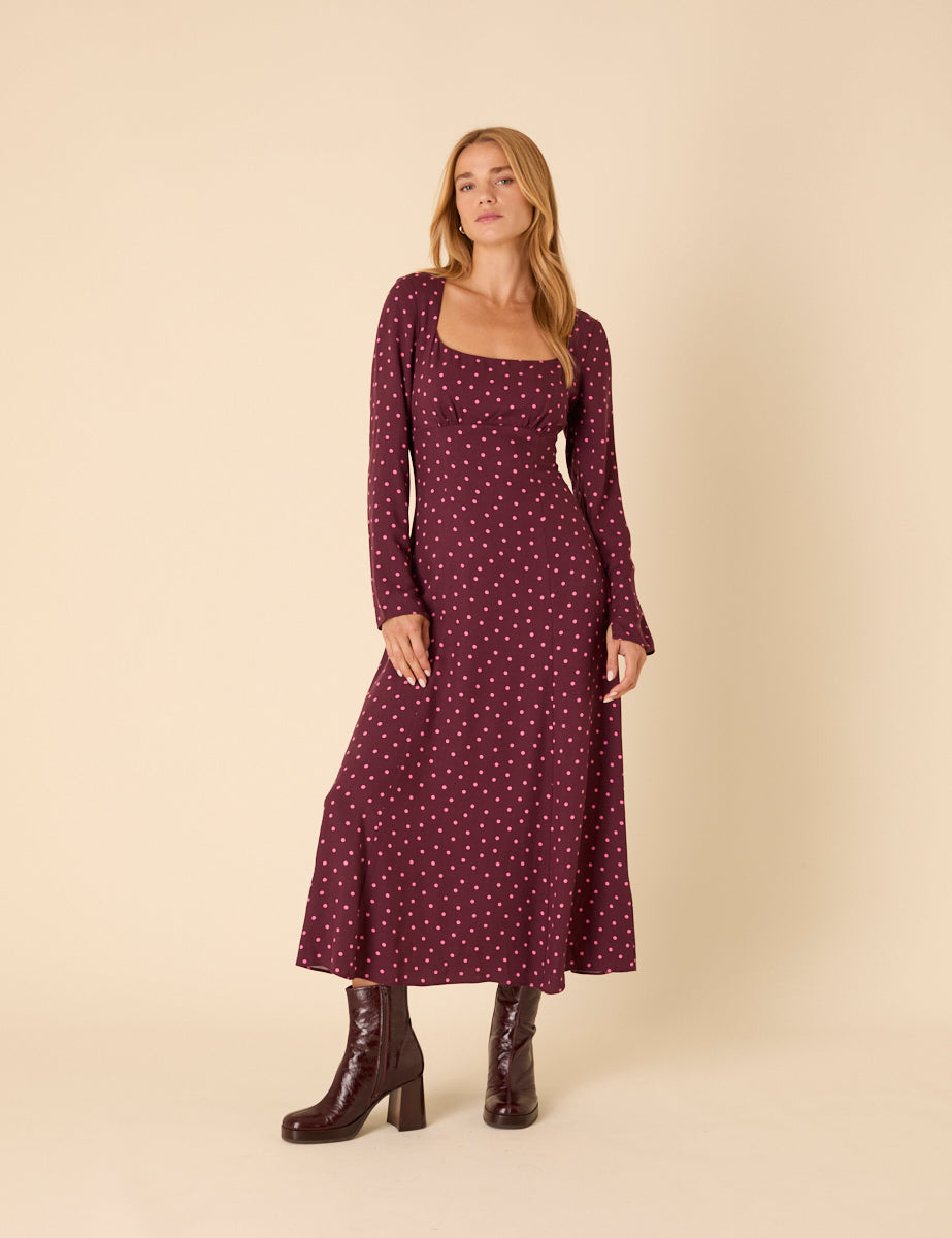 Burgundy Polka Dot Delilah Midi Dress
