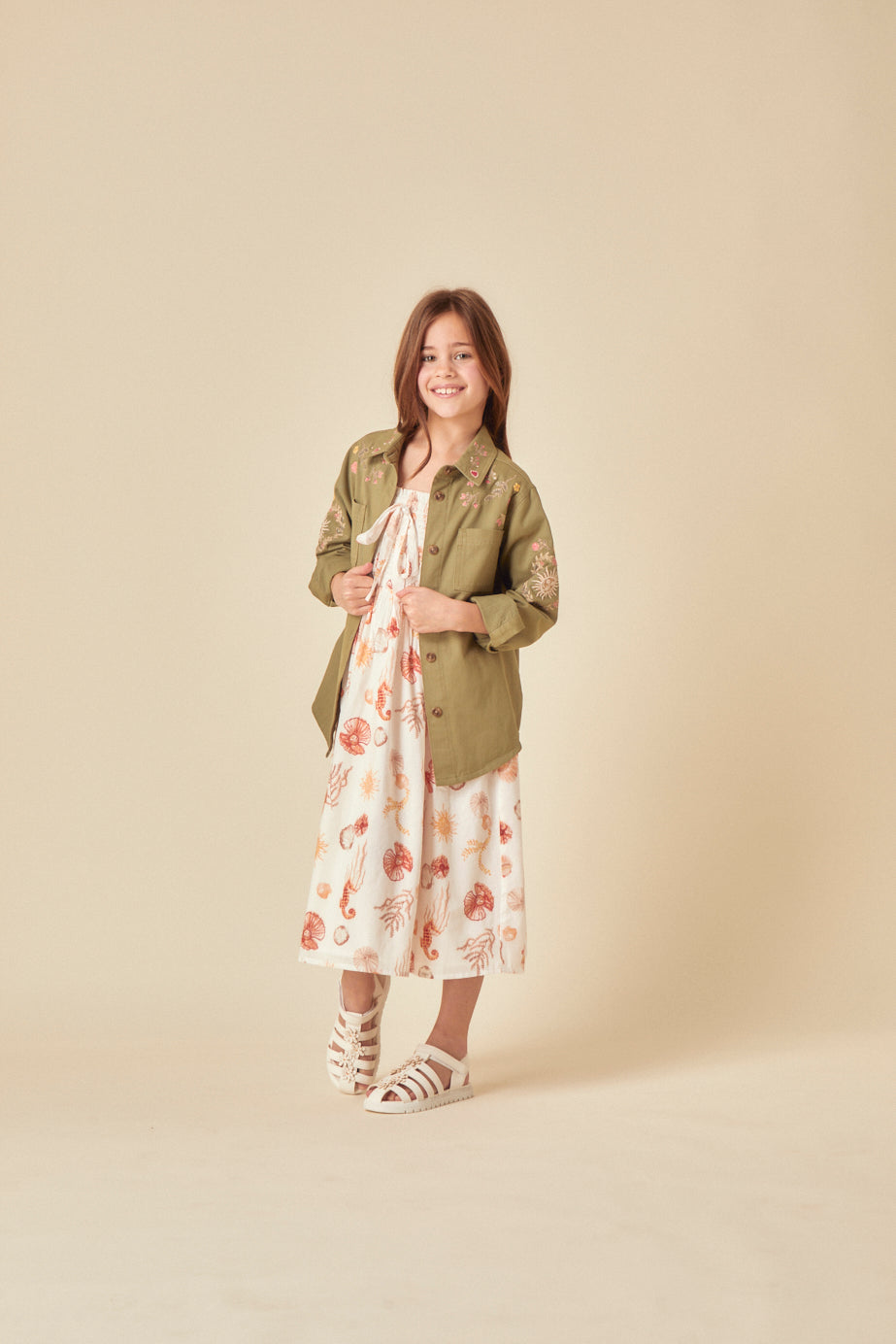 Elizabeth Scarlett Girls Green Denim Embroidered Shacket