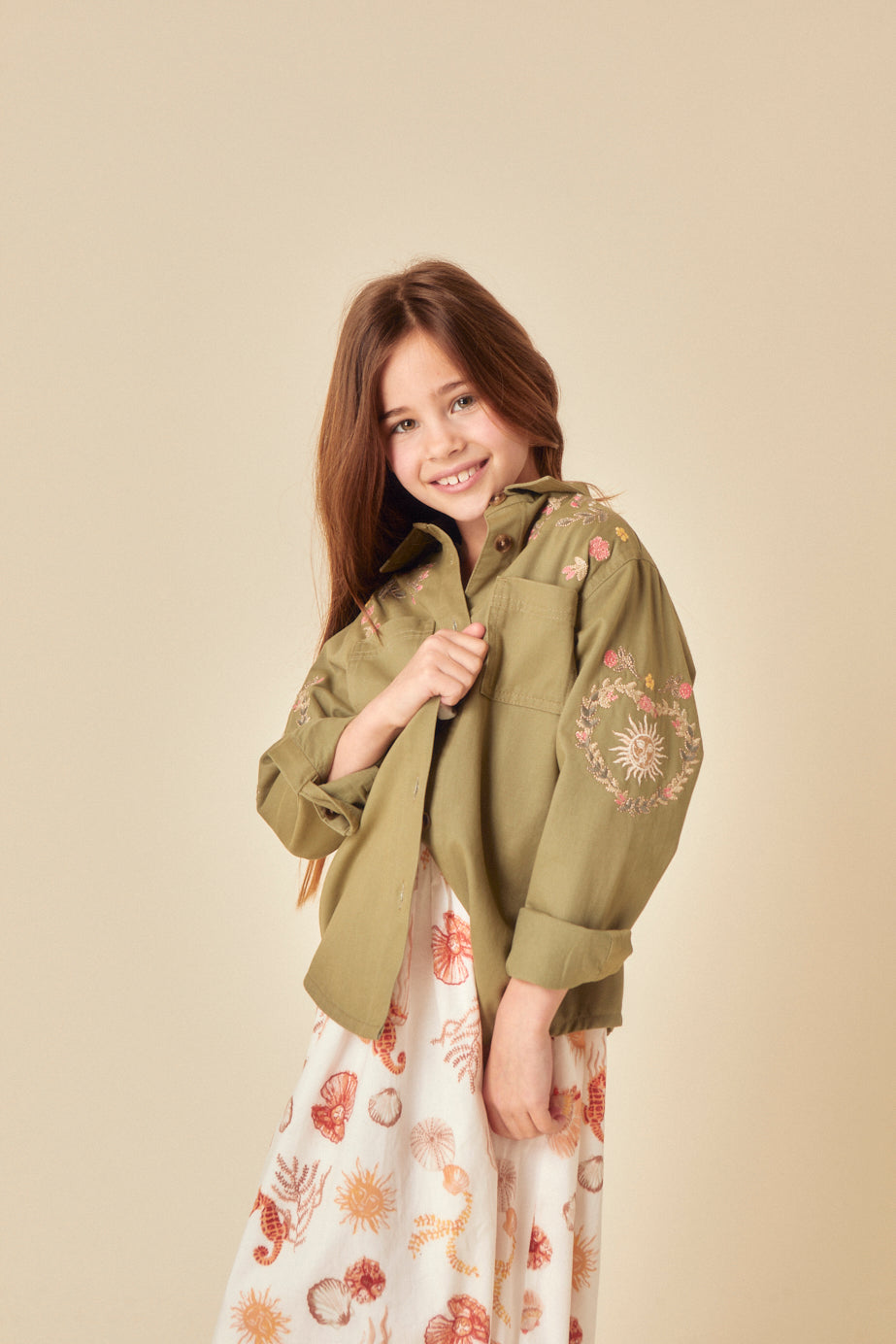 Elizabeth Scarlett Girls Green Denim Embroidered Shacket