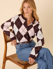 Brown And Pink Argyle Print Cardigan