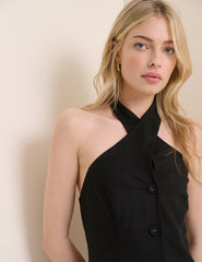 Black Wrap Neck Tailored Midi Dress