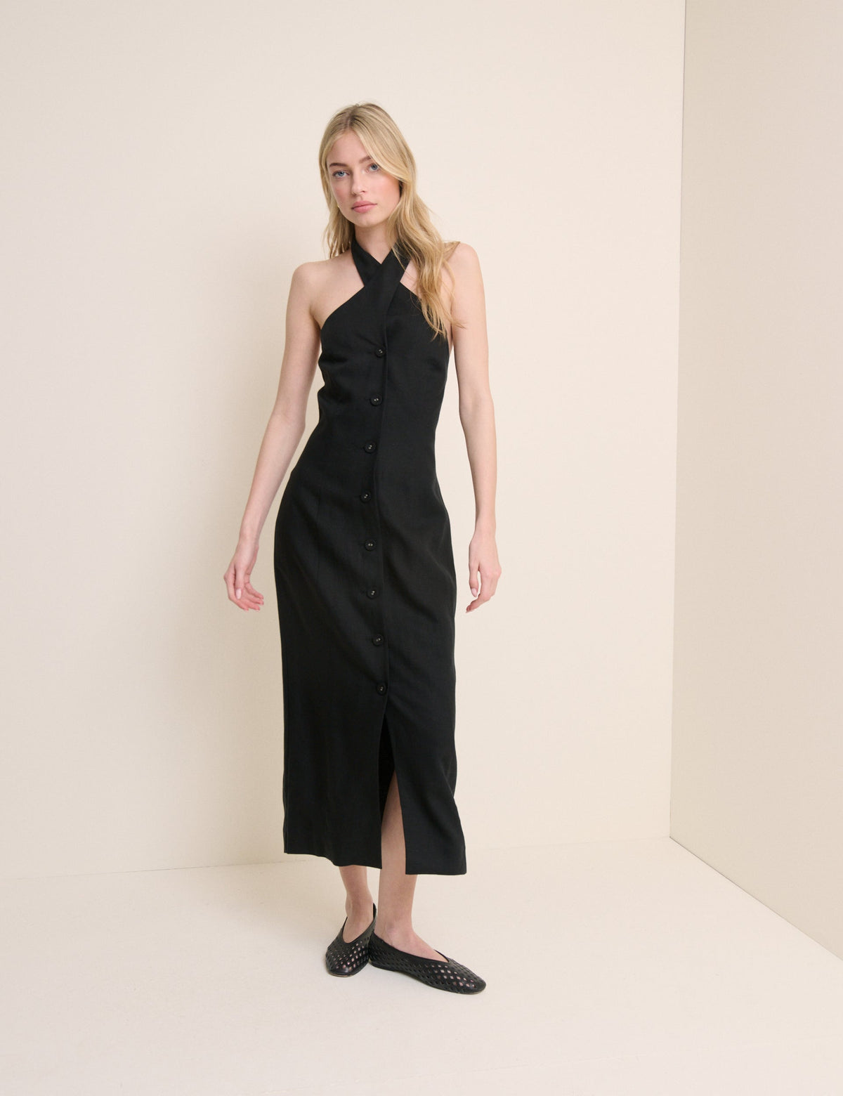 Black Wrap Neck Tailored Midi Dress