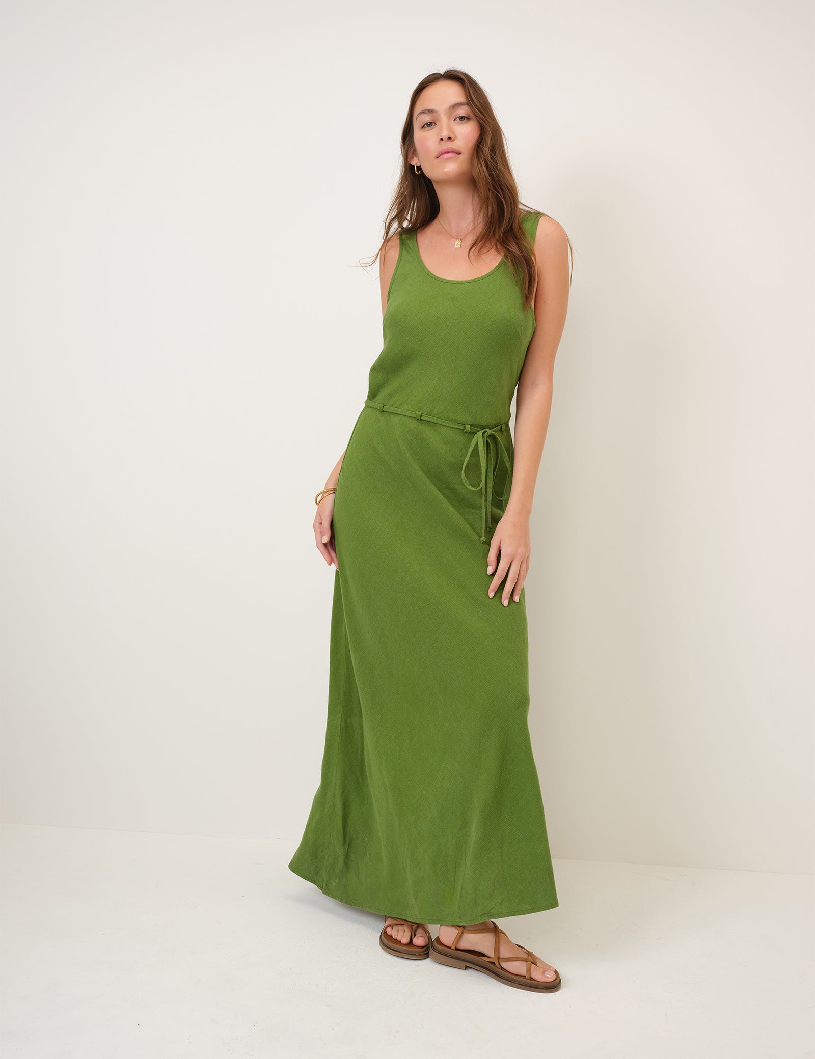 Green Linen-Blend Malia Midi Dress
