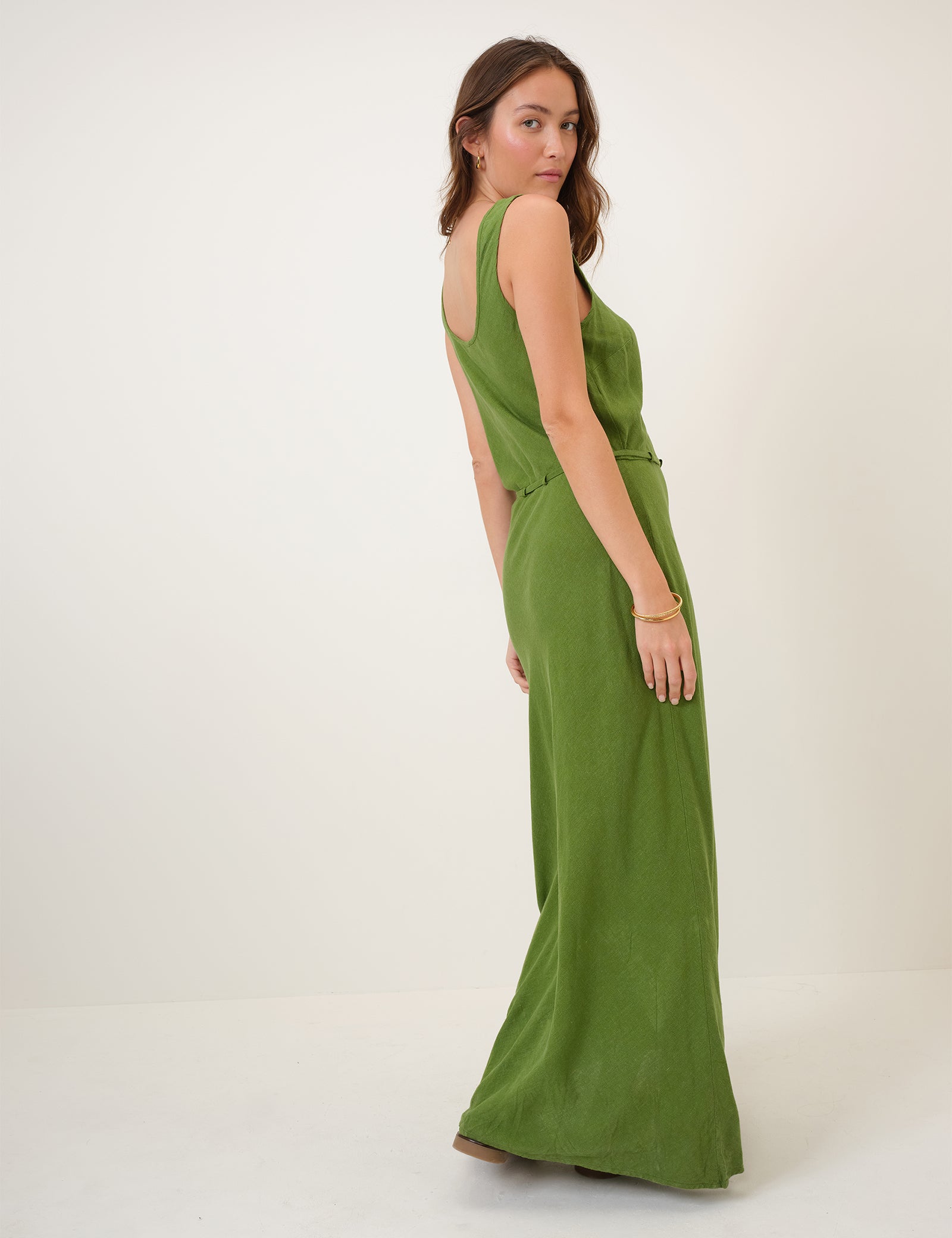 Green Linen-Blend Malia Midi Dress