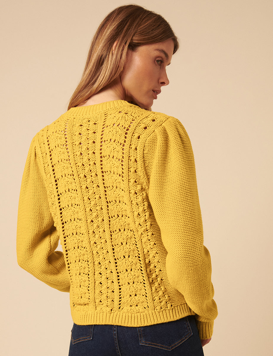 Yellow Pointelle Button Down Knitted Cardigan
