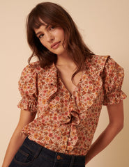 Pink Floral Puff Sleeve Blouse