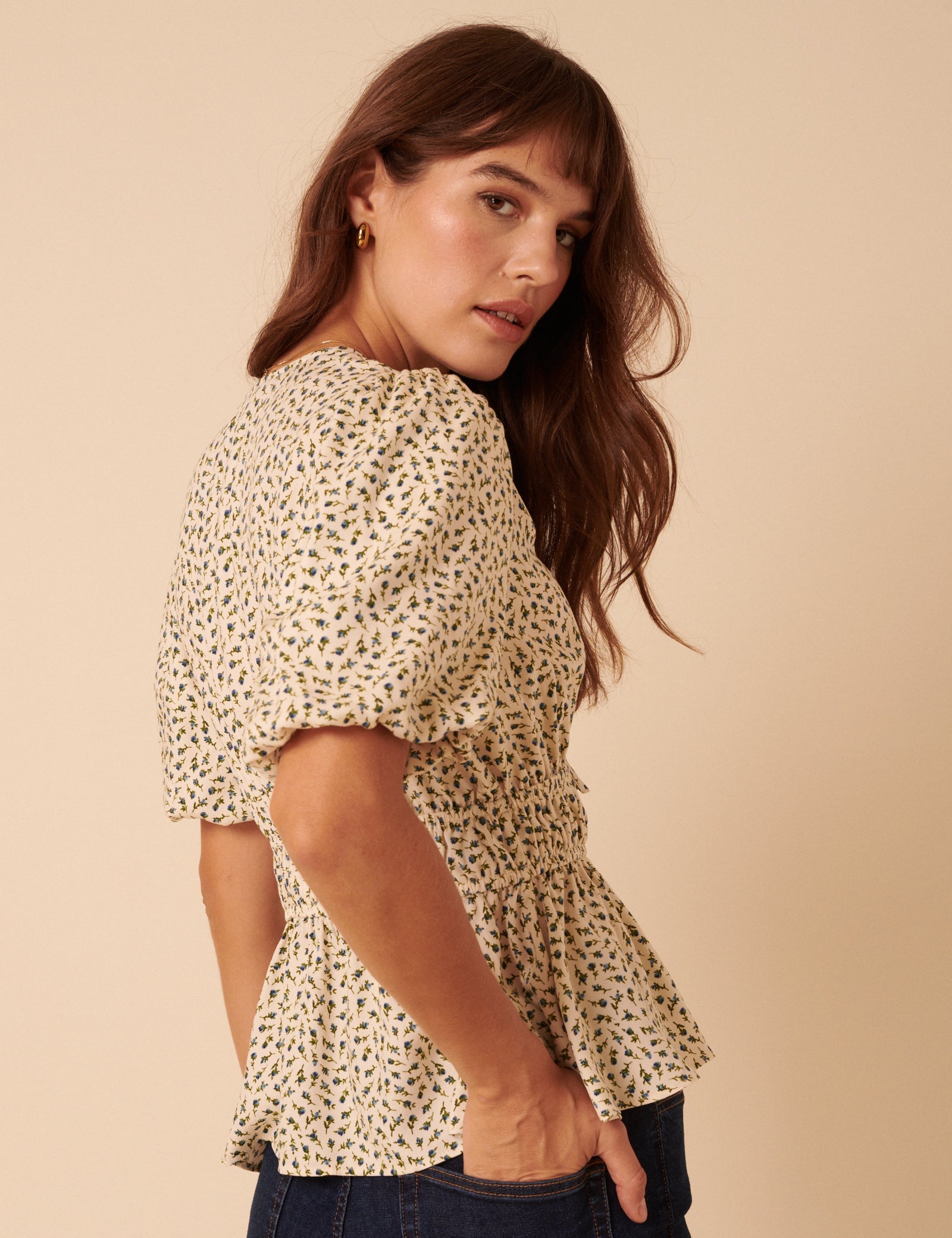 Cream Ditsy Floral V-Neck Blouse