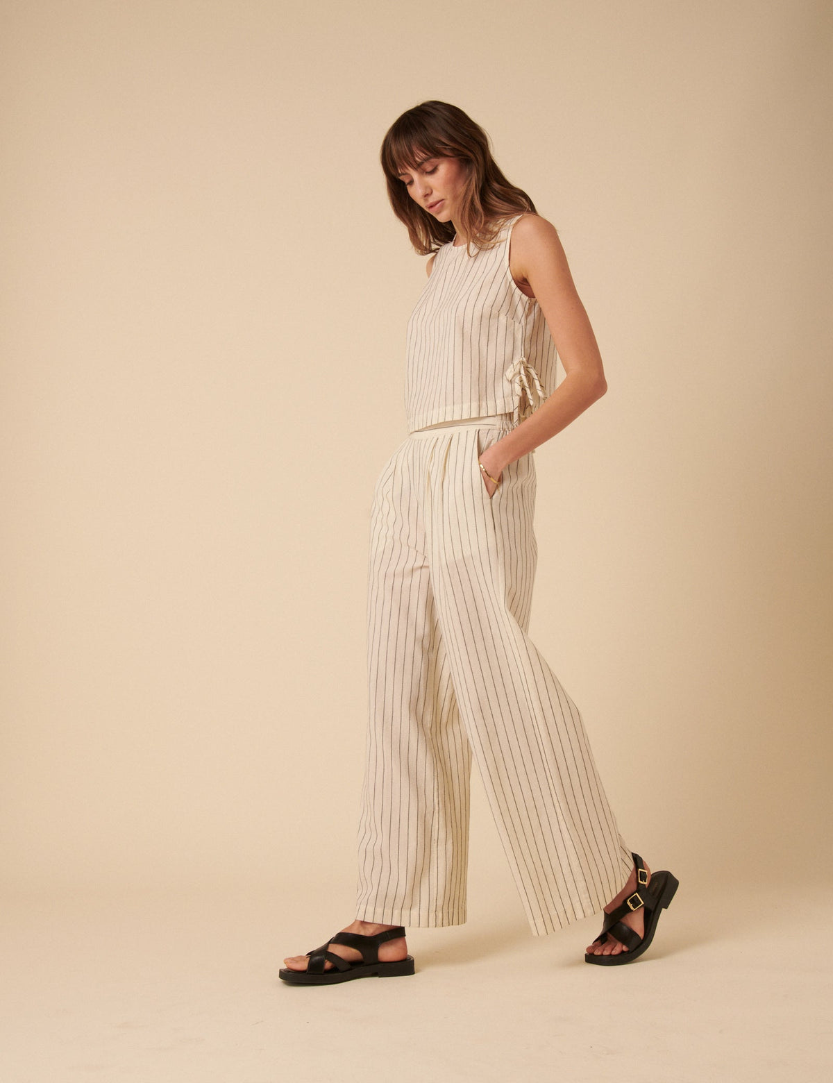 Cream Pinstripe Relaxed Trousers
