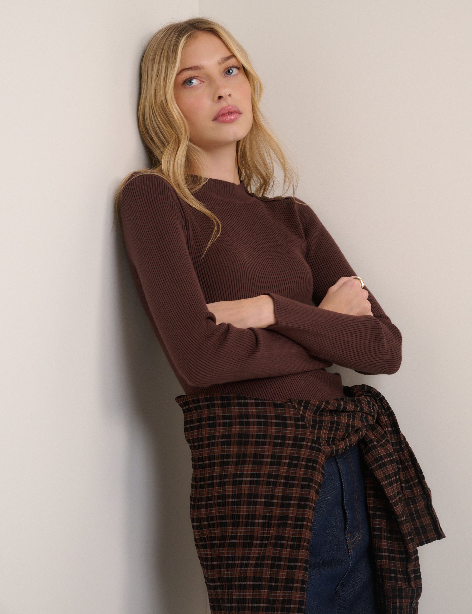 Brown Ribbed Knitted Mock Neck Top