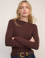 Brown Ribbed Knitted Mock Neck Top