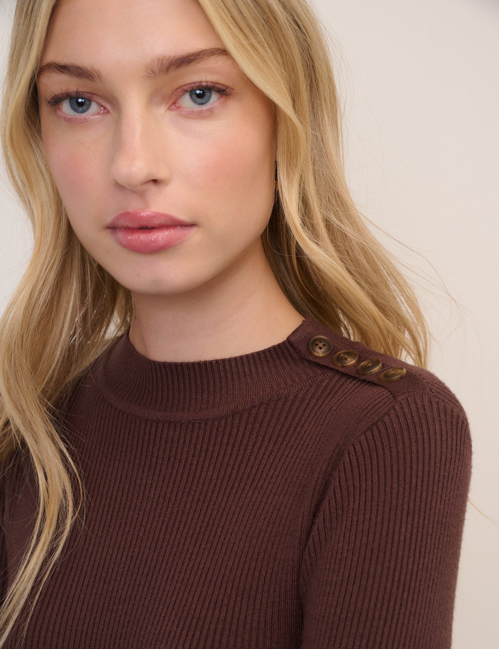 Brown Ribbed Knitted Mock Neck Top