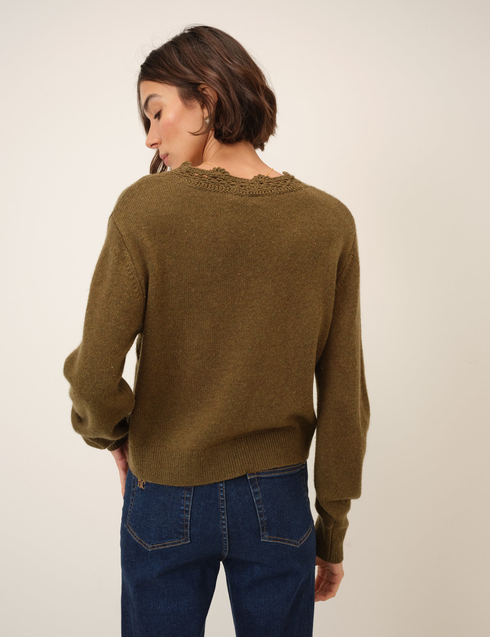 Khaki Wool Blend Crochet Trim V Neck Cardigan