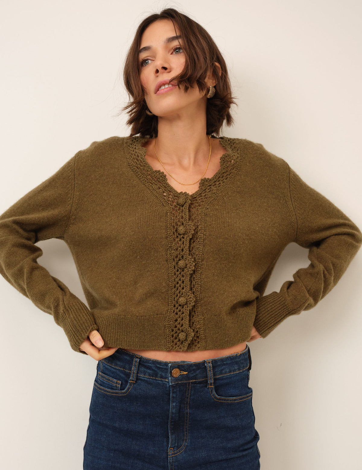 Khaki Wool Blend Crochet Trim V Neck Cardigan