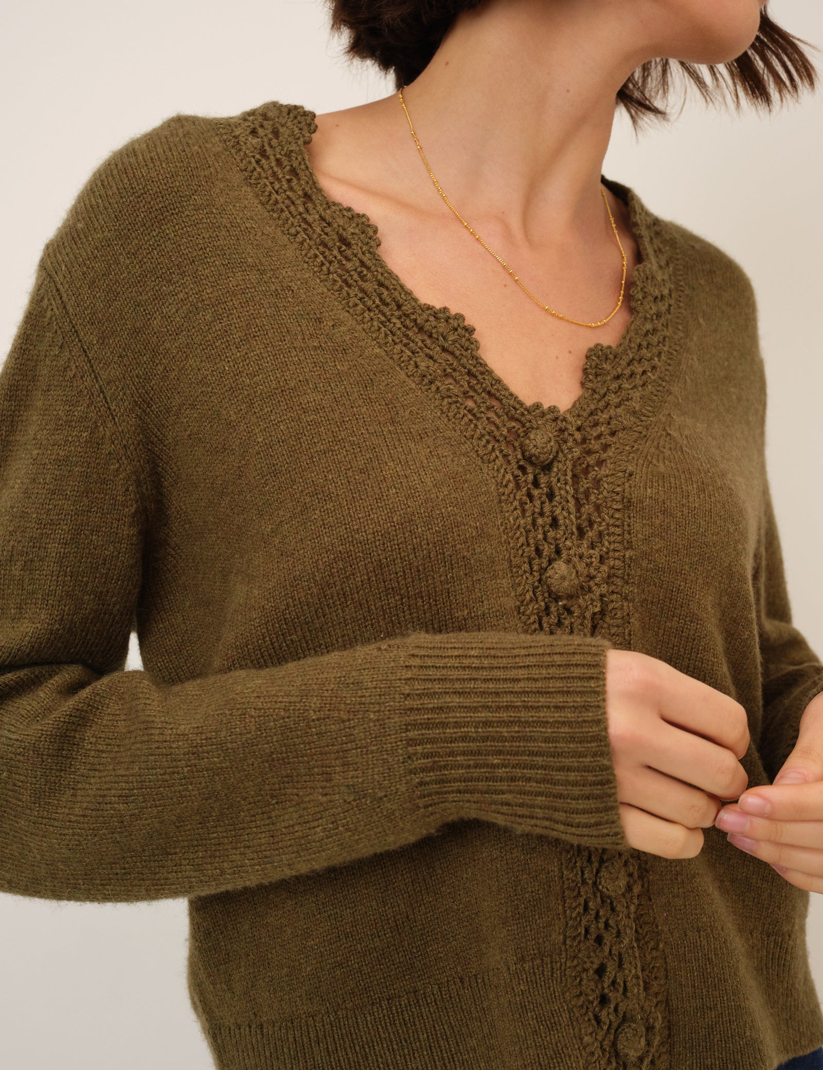 Khaki Wool Blend Crochet Trim V Neck Cardigan