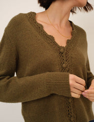 Khaki Wool Blend Crochet Trim V Neck Cardigan