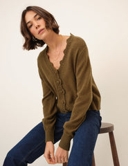 Khaki Wool Blend Crochet Trim V Neck Cardigan