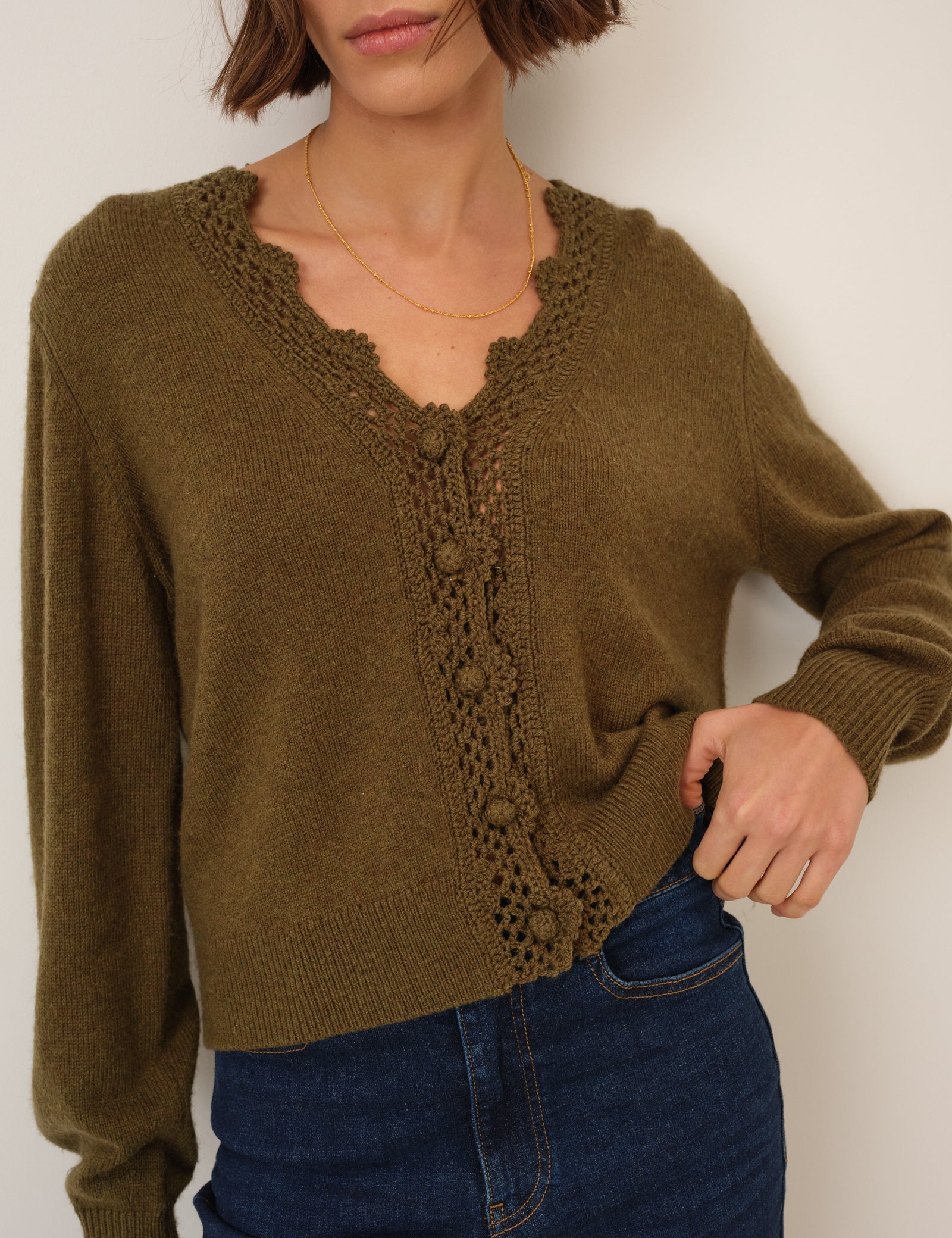 Khaki Wool Blend Crochet Trim V Neck Cardigan