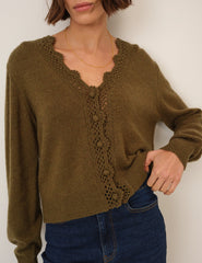 Khaki Wool Blend Crochet Trim V Neck Cardigan