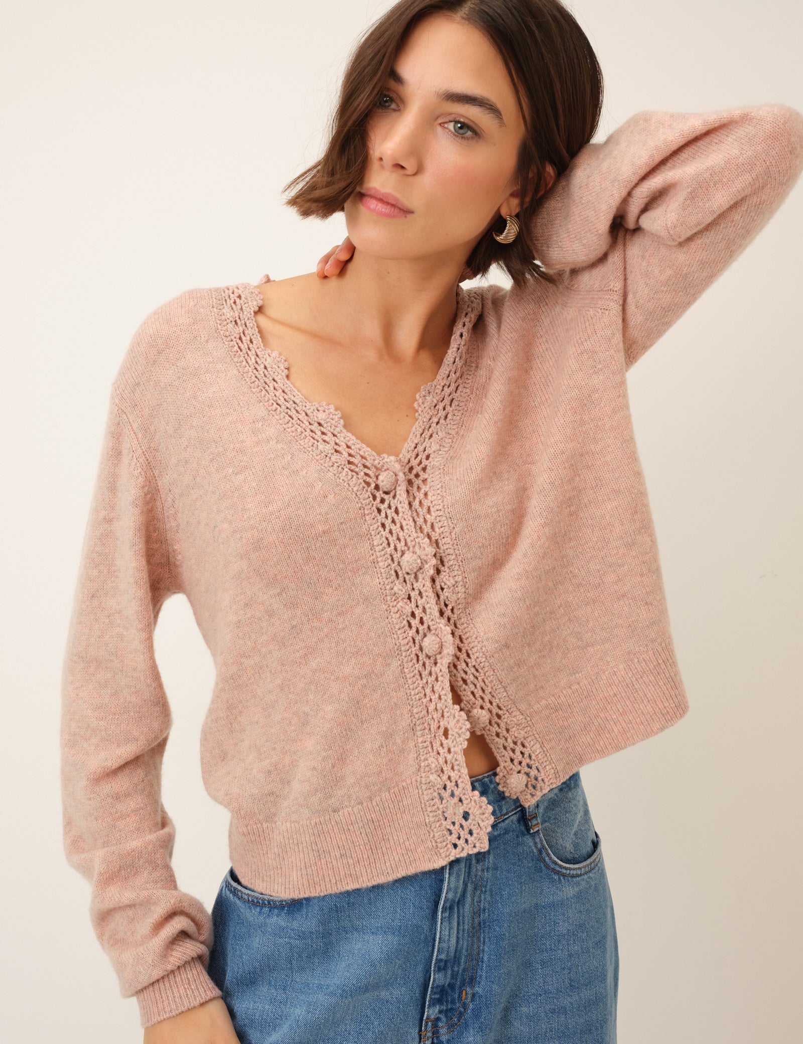 Pink Crochet Trim V Neck Cardigan