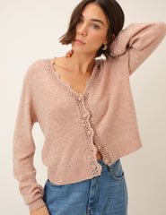 Pink Crochet Trim V Neck Cardigan