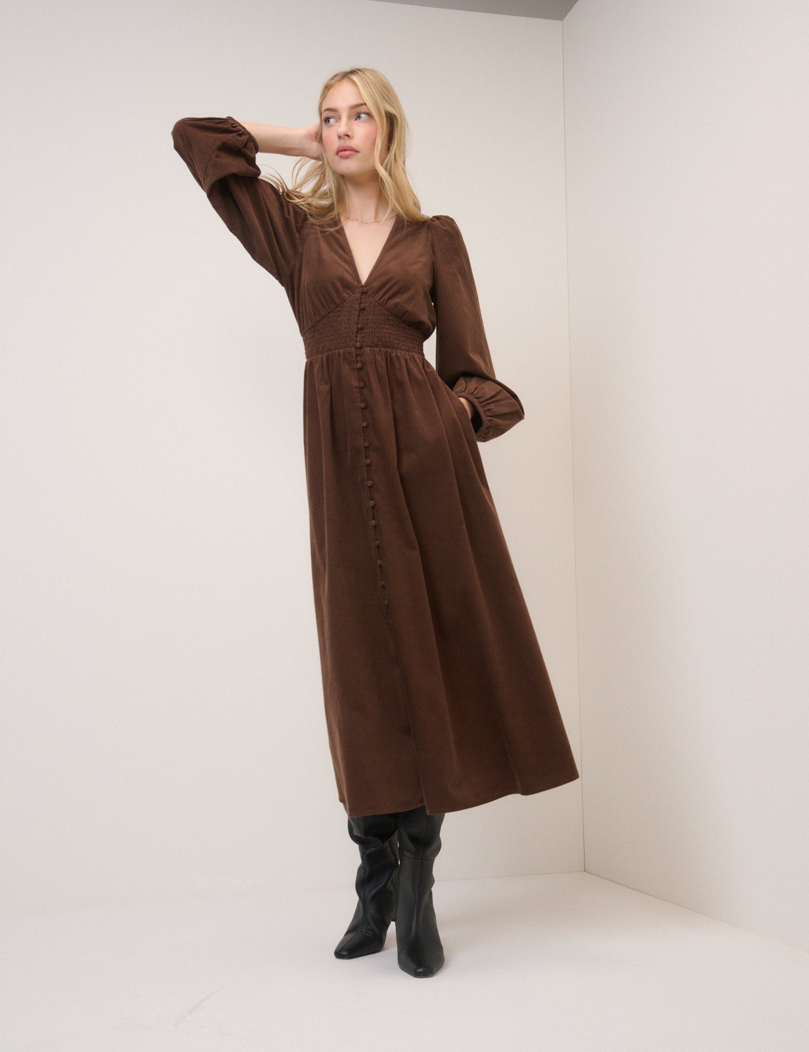 Brown Cord Shirred Riley Midi Dress