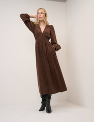 Brown Cord Shirred Riley Midi Dress