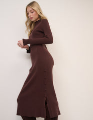 Chocolate Brown Side Button Ribbed Midi Dress