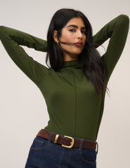 Khaki Long Sleeve High Neck Jersey Top