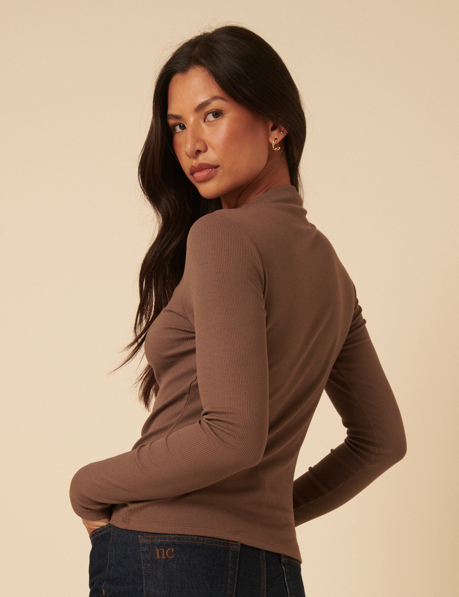 Brown Ribbed High Neck Long Sleeve Top