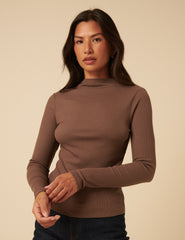 Brown Ribbed High Neck Long Sleeve Top