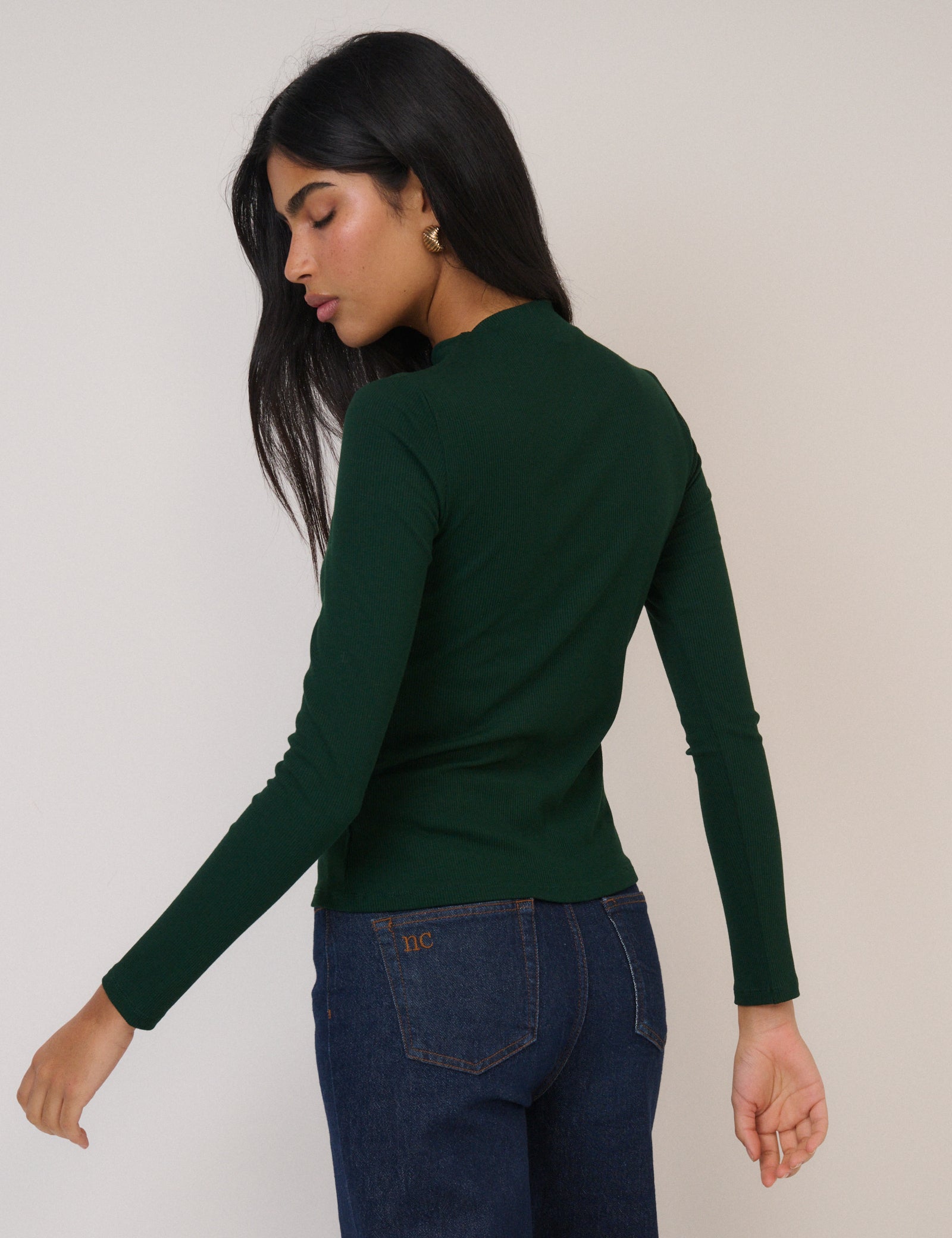 Forest Green Ribbed High Neck Long Sleeve Top