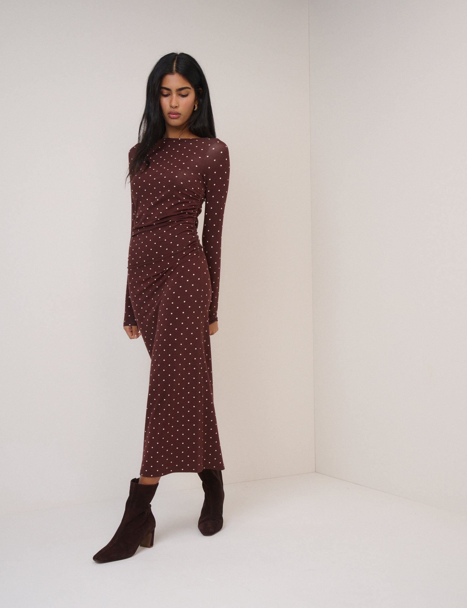 Chocolate Brown Polka Dot Laurella Midi Dress